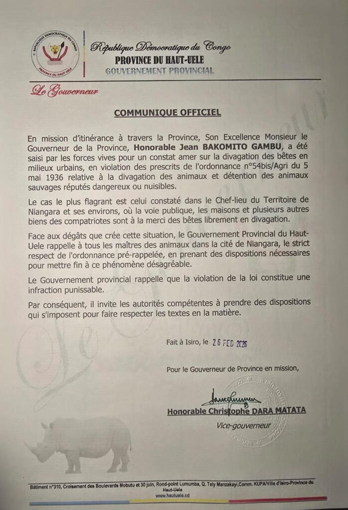 Haut-Uélé : le gouverneur met en garde les éleveurs contre la divagation du bétail